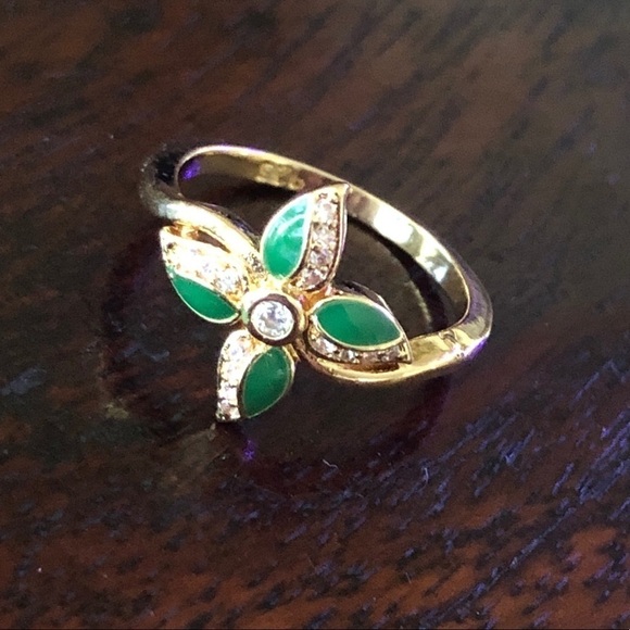 Sterling Silver Green Enamel Flower Ring - Size 6, Gold Tone with CZ Diamond - Picture 5 of 8